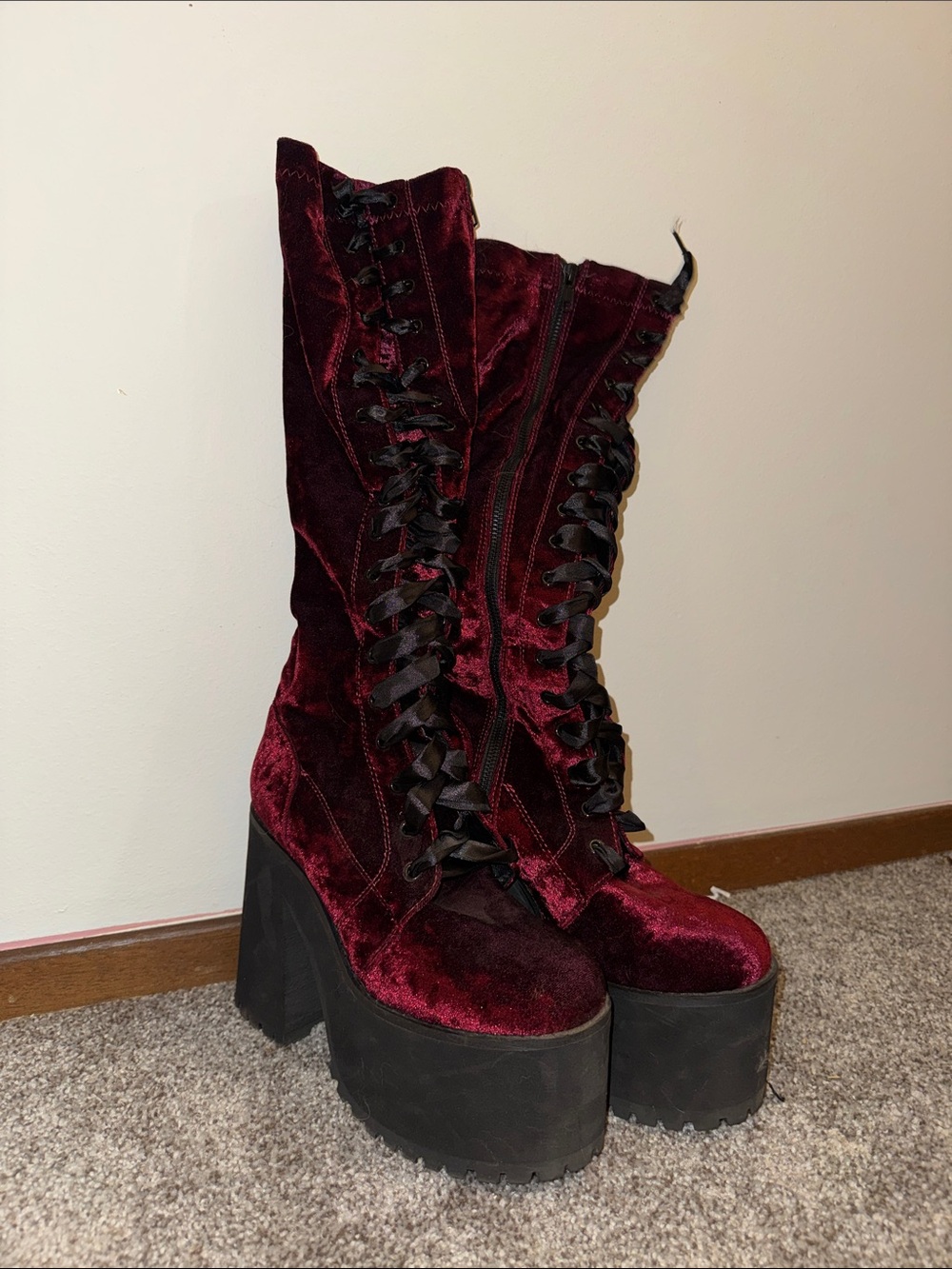 Dolls Kill Burgundy Velvet Platform Lace-Up Knee Boots